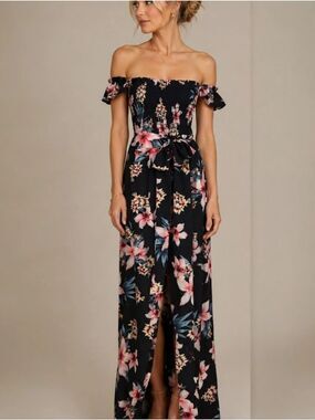 Windsor Black Floral Off-Shoulder Maxi Dress Medium